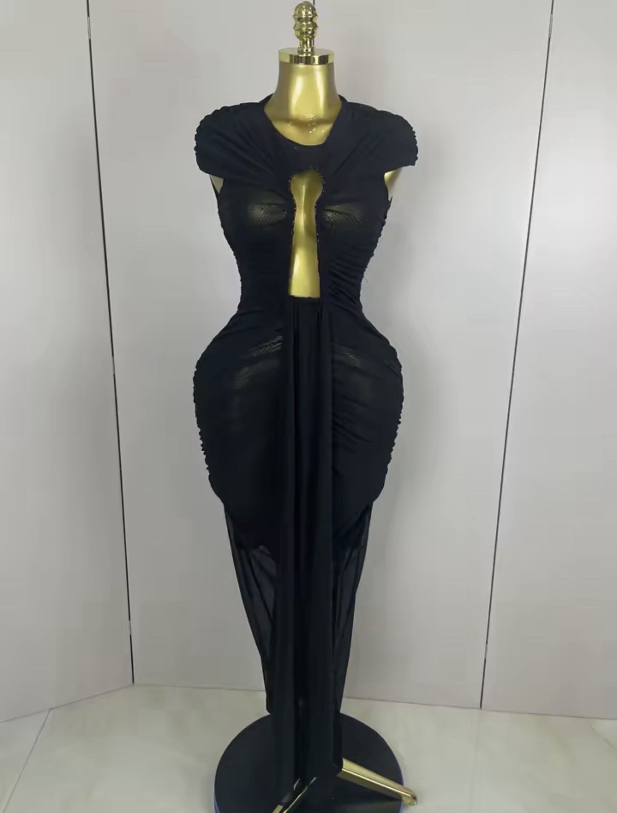 Women’s Black Ruched Mesh Cutout Maxi Dress Sheer Bodycon Evening Gown