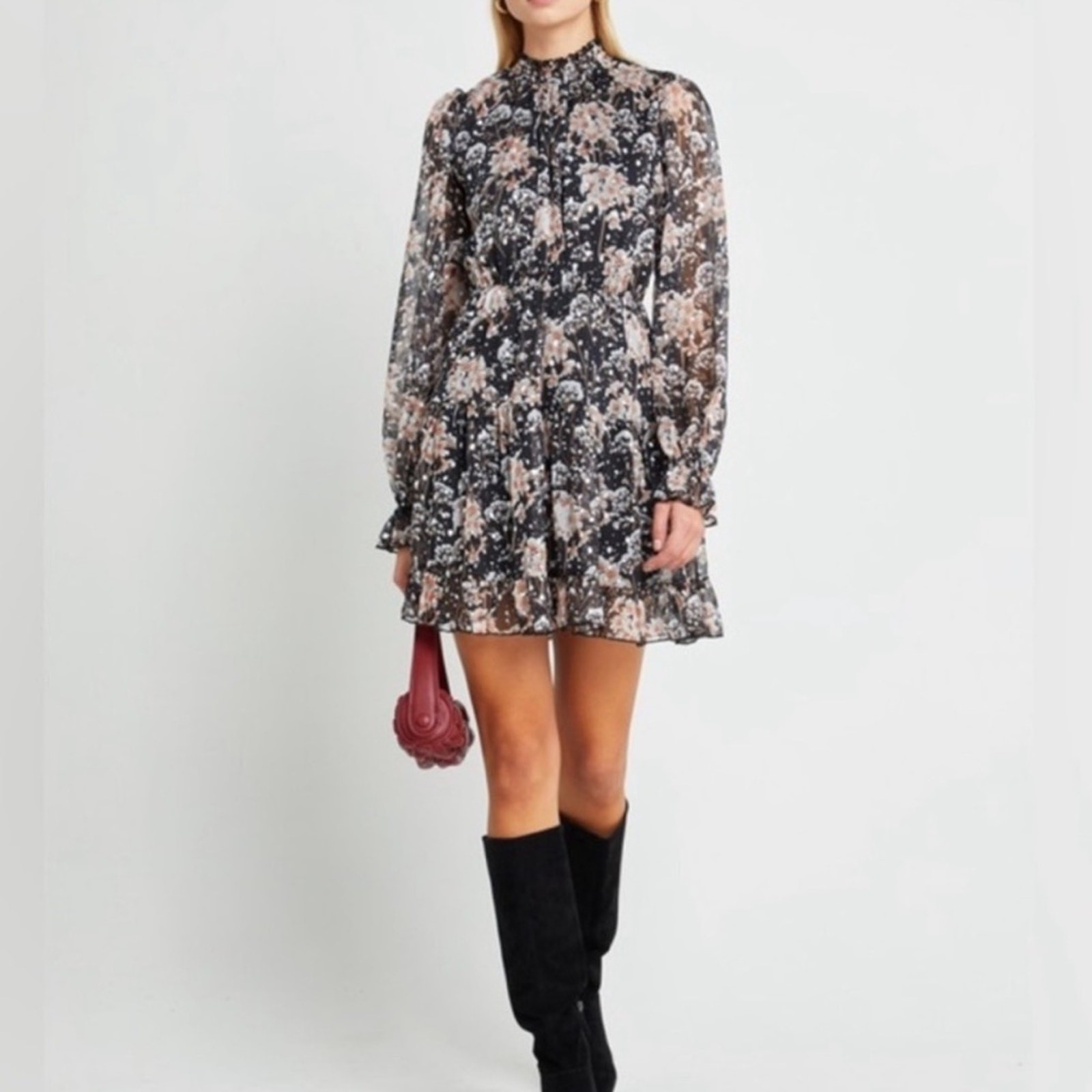 O.P.T. Lluvia Mini Dress Long Sheer Sleeves Floral Silver Dot Mini Smocked M