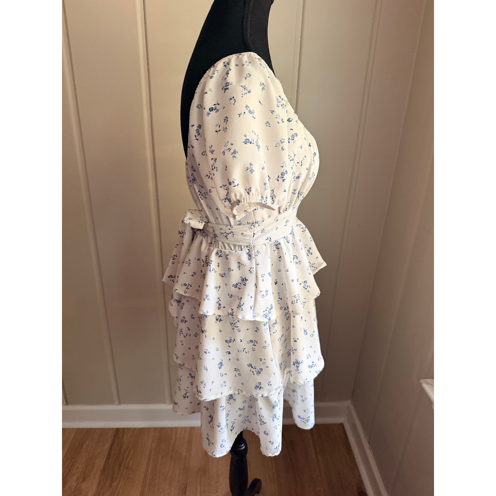 Originality Blue Floral Tiered Ruffle Mini Dress Cottagecore Puff Sleeve XS