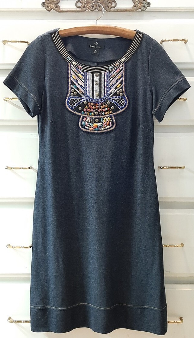 Ronni Nicole Sz8 Knit Embroidered A-Line Dress Dk Denim Look Beaded Studded Boho