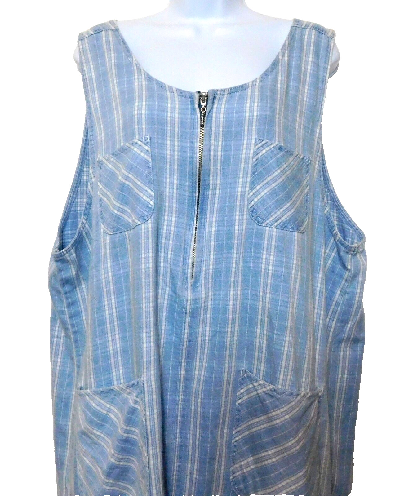 Capacity Woman Denim Jean Zip Front Jumper 1X Sleeveless Dress Cotton Blue Plaid
