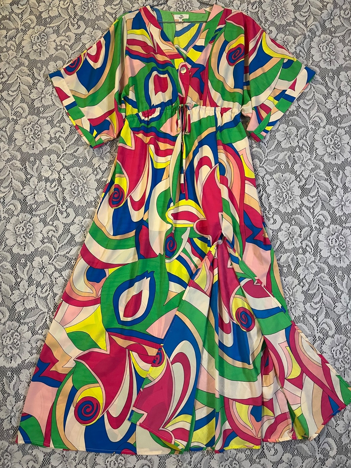 Entro Tunic Maxi Dress Retro Art to Wear Geometric Print Side Slit Women’s Med