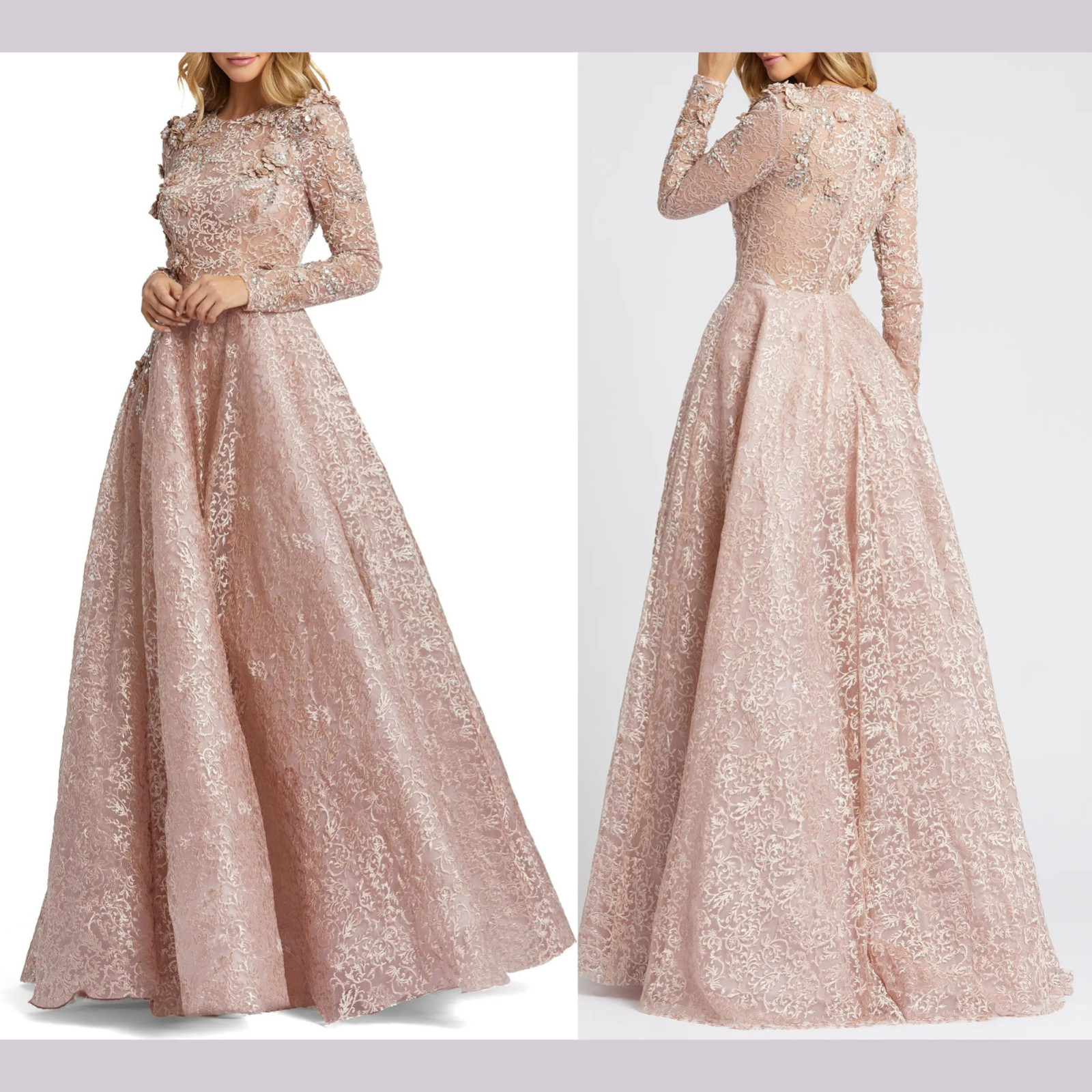NWT Mac Duggal [ 18 ] 11121 Floral Embellished Long Sleeve ALine Gown Mocha S833