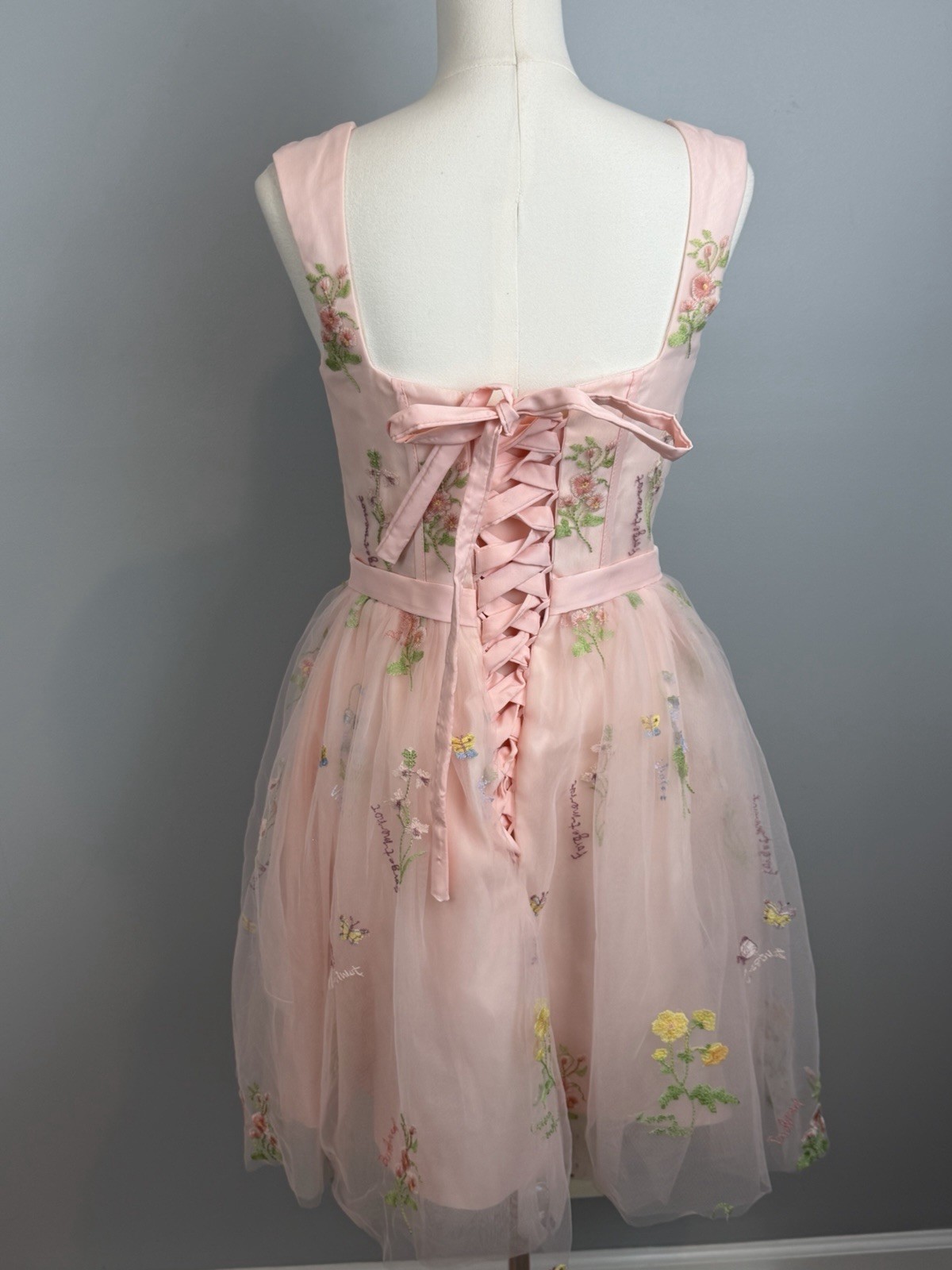 Pink Tulle Mini Dress Fairycore Lace-Up Corset Romantic Embroidered Floral Sz 8