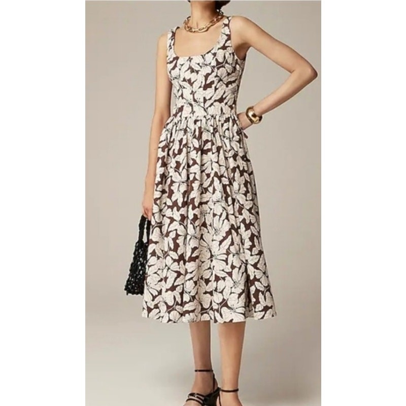 NWT J. Crew Fit-And-Flare Midi Dress In Floral Cotton Poplin Brown/Beige 6