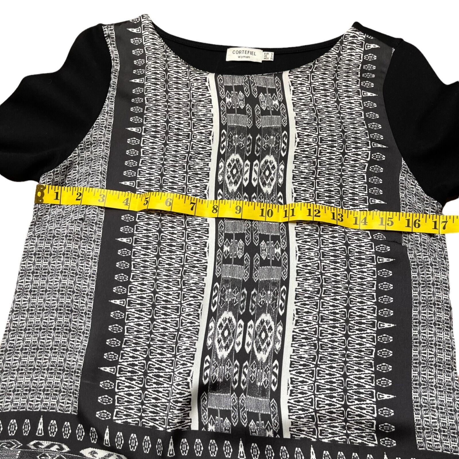 Cortefiel Shift Mini Dress Small Gray Black Boat Neck Long Sleeve Stretch Print
