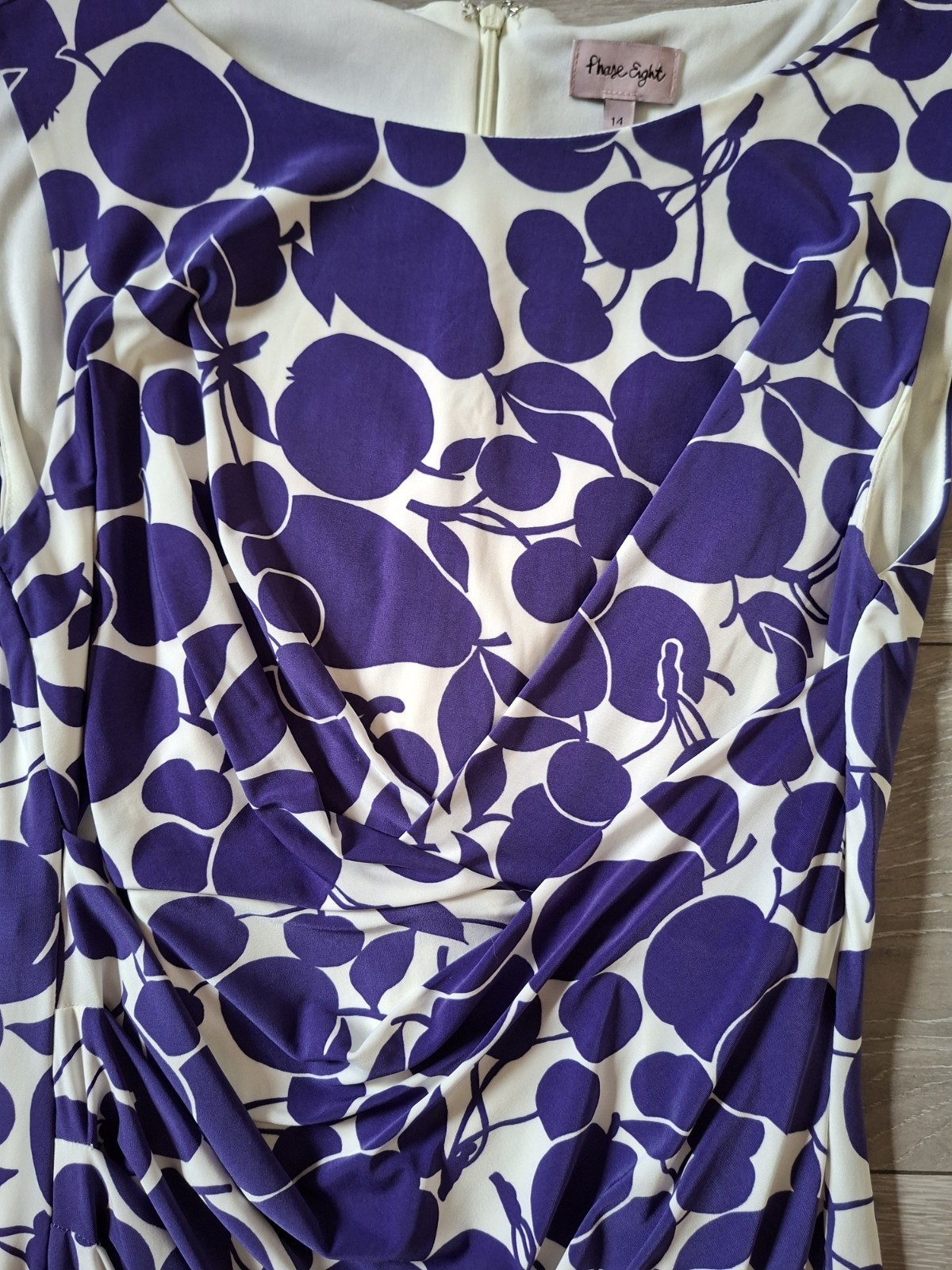 Phase Eight White & Purple Fruit Print Bodycon Dress Shift Ruched Wiggle UK14