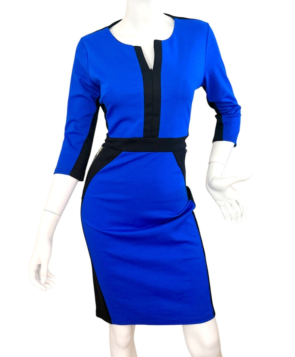 {HOMEYEE} Dress Sheath Sz. 8 Color Block Black & Blue Knit Stretch Zip