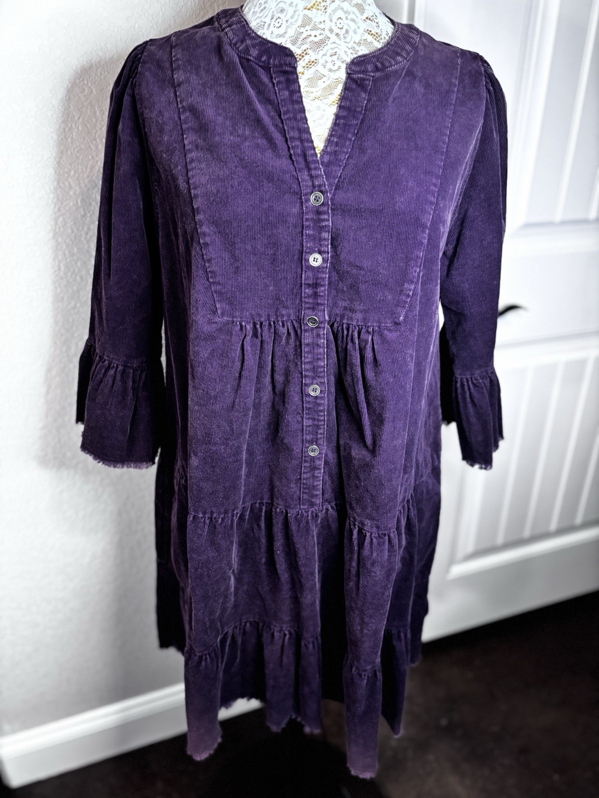 Umgee Corduroy Babydoll Tiered Skirt Dress Long Puff Sleeves Ruffled Cuff L Boho
