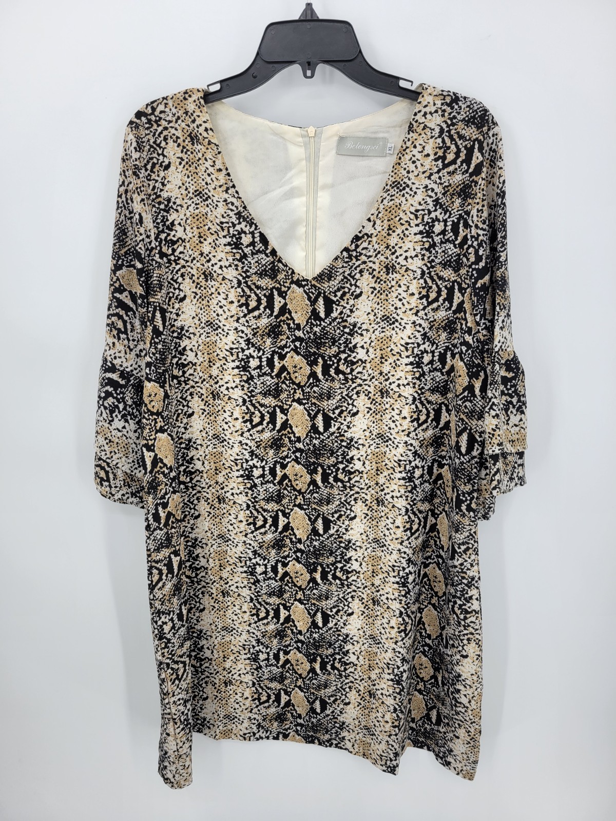 Belongsci Dress Womens XL Mixed Animal Print Bell Sleeve Artsy Boho Sheath