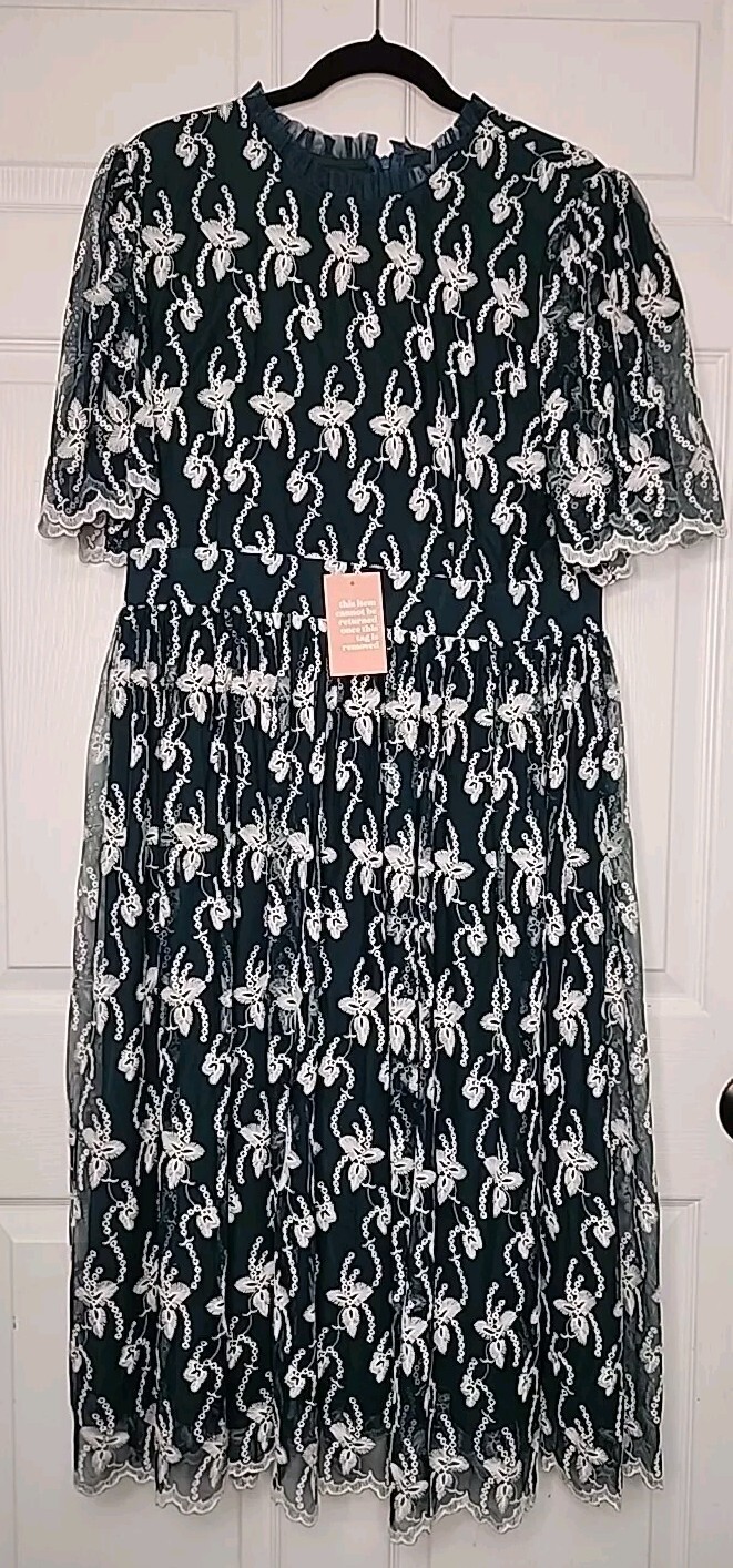Ivy City Co. Amelia Womens XXL Midi Dress Emerald Green Embroidered Mesh Fairy