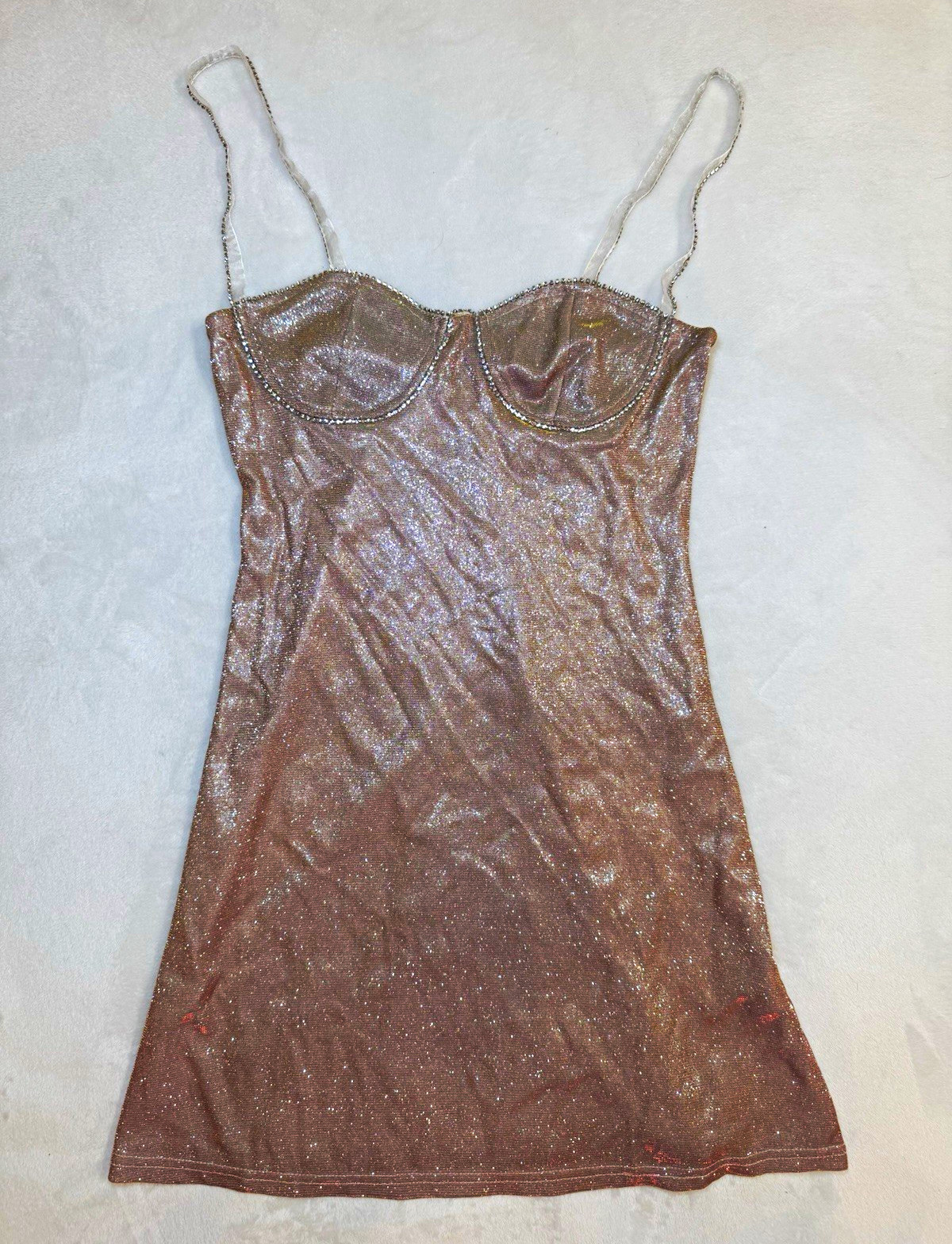 Gold Glitter Sweetheart Strappy Stretch Bodycon Mini Dress Size S Party