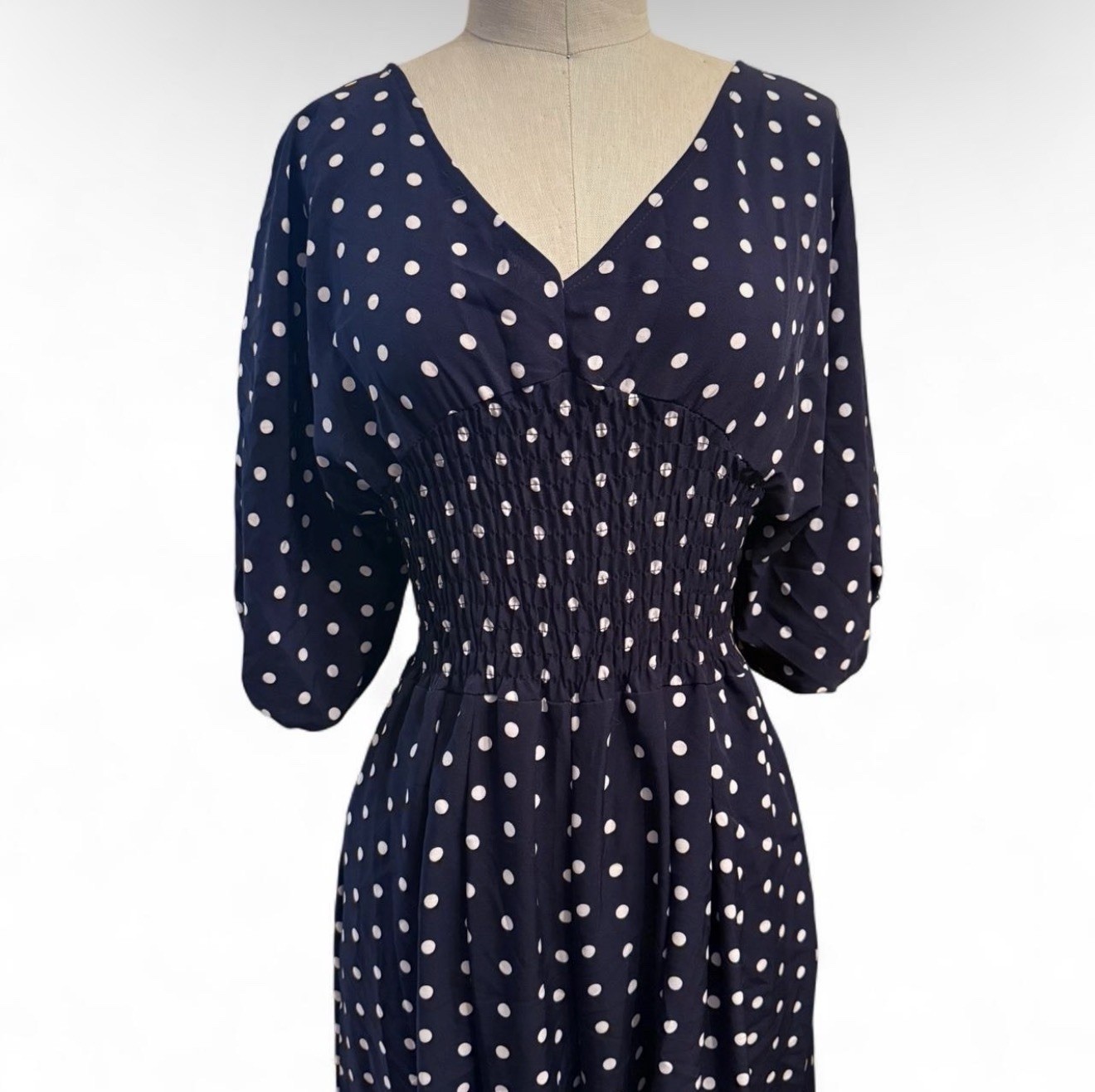Polka Dot Navy & White Jumper Ruched Waist Tie Back Size Small To Medium