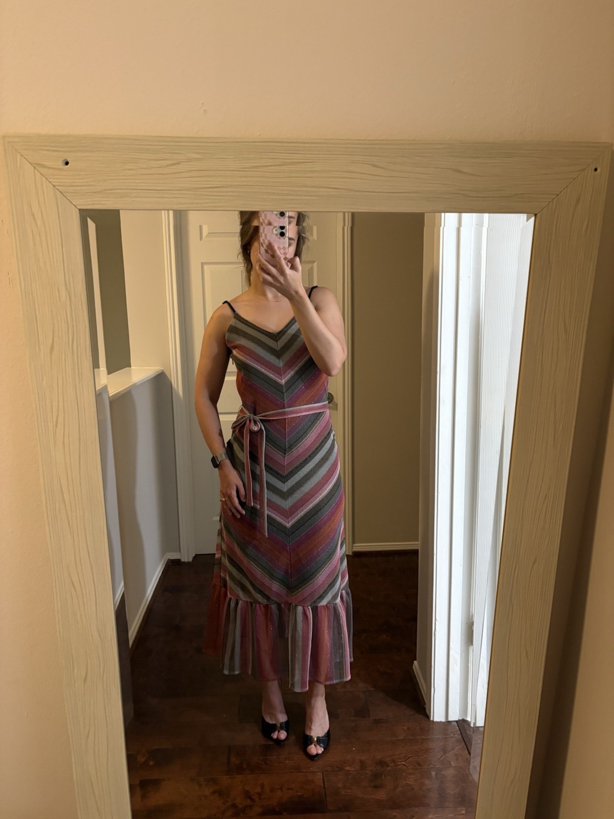 rachel roy women’s multicolor striped mesh v-neck strappy maxi dress size M