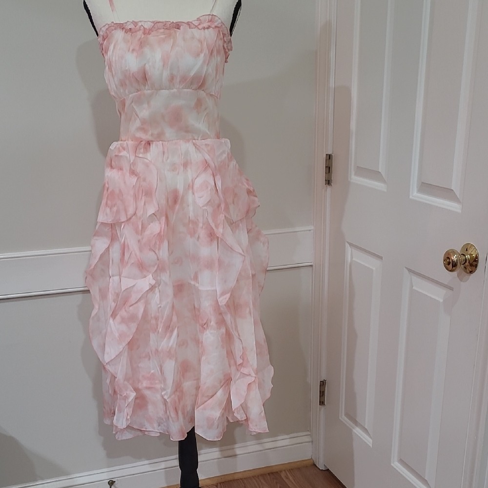 Elegant Chiffon Pink Watercolor Strapless Ruffle Midi Dress – No Tag – Size S