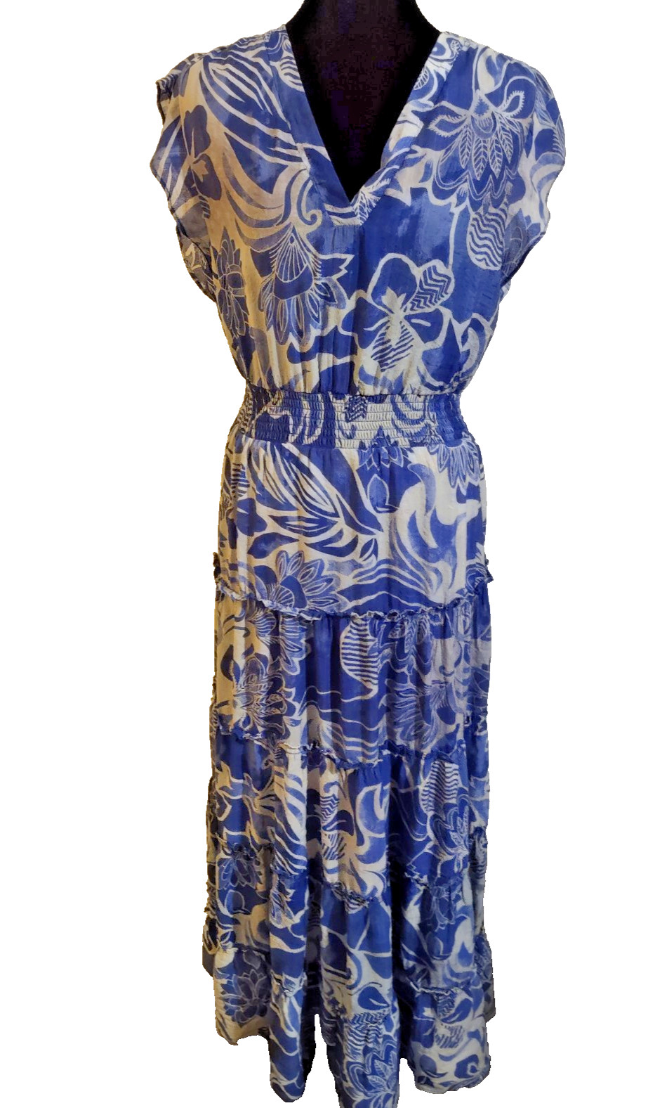 Cynthia Steffe Blue White Floral Tiered Maxi Dress Women’s Small Boho Resort