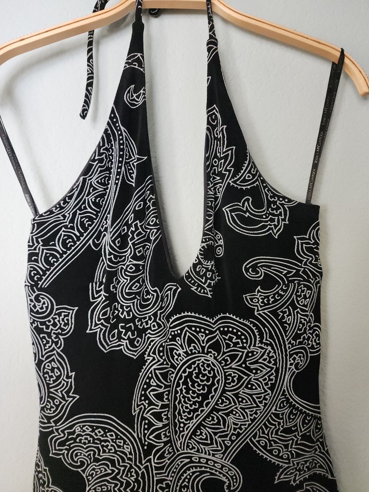 Vintage Jessica McClintock Halter Dress Black Paisley Stretch Gown Size 4 – 10