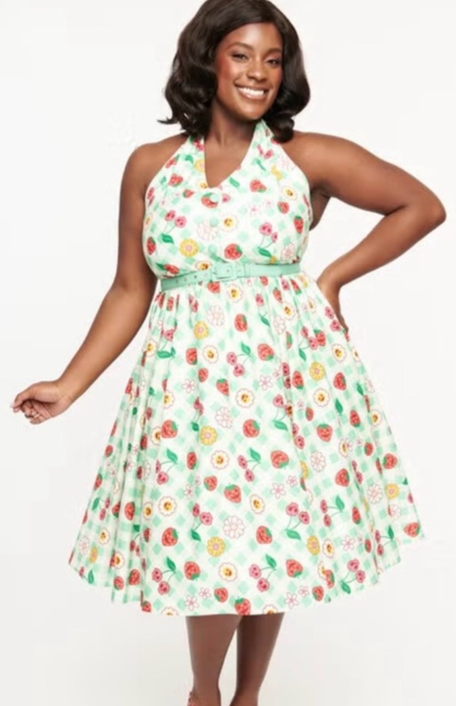 Unique Vintage Green Gingham June-o-ween Spooky Fruit Swing Dress