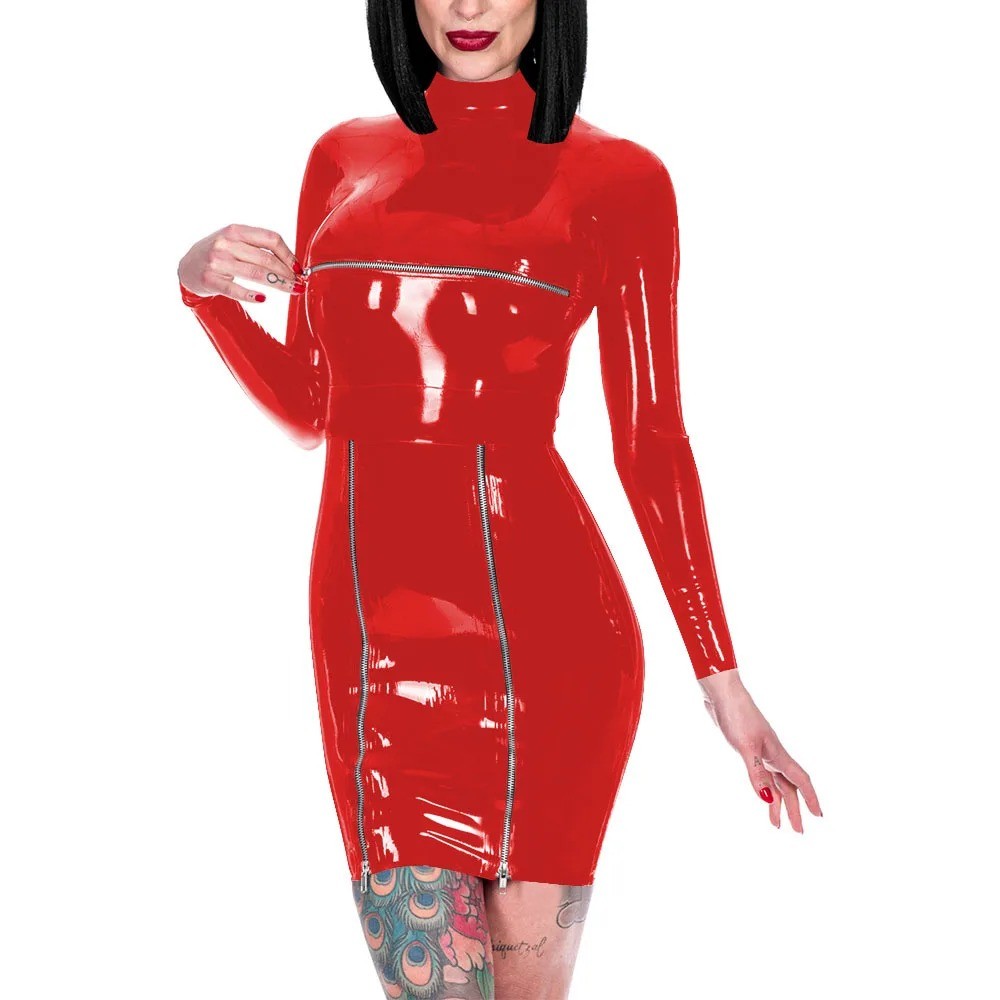 Back Zipper Wrap Hip Dress Shiny PVC High Neck Dress Front Zips Mistress Costume