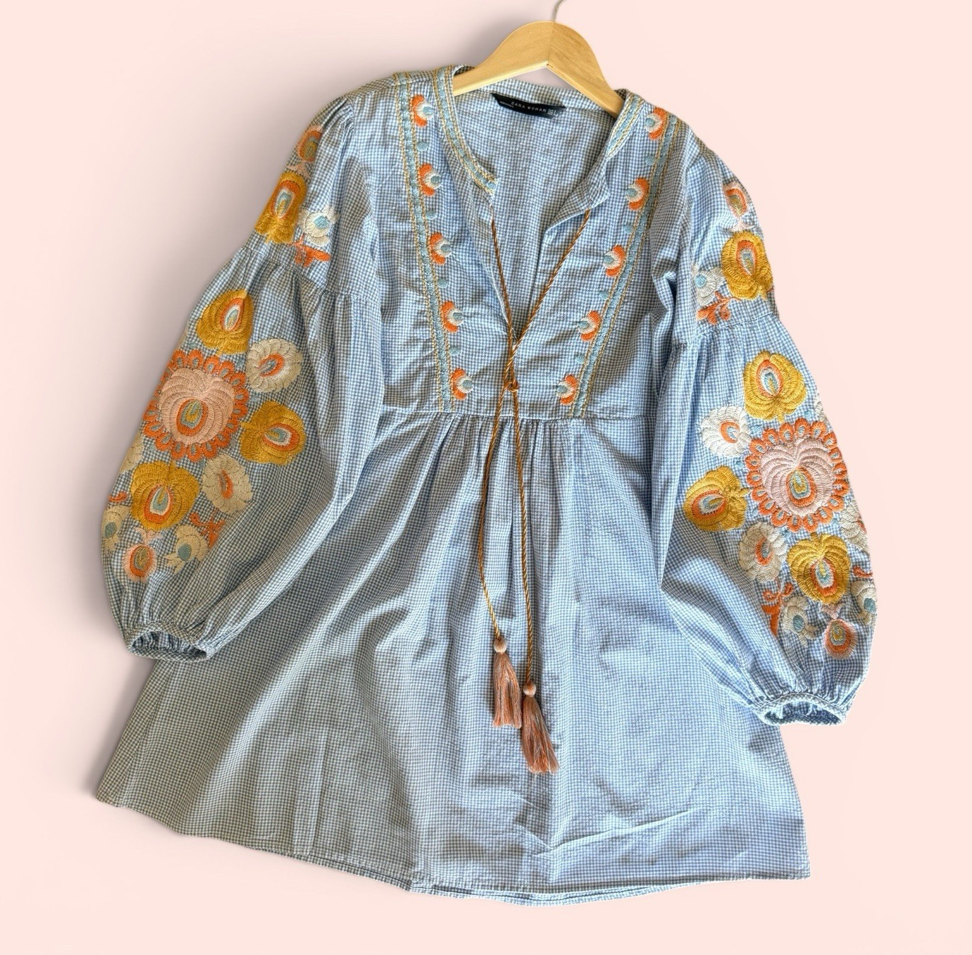 Zara Blue Gingham Embroidered Mini Dress Puff Sleeve Tie Front S