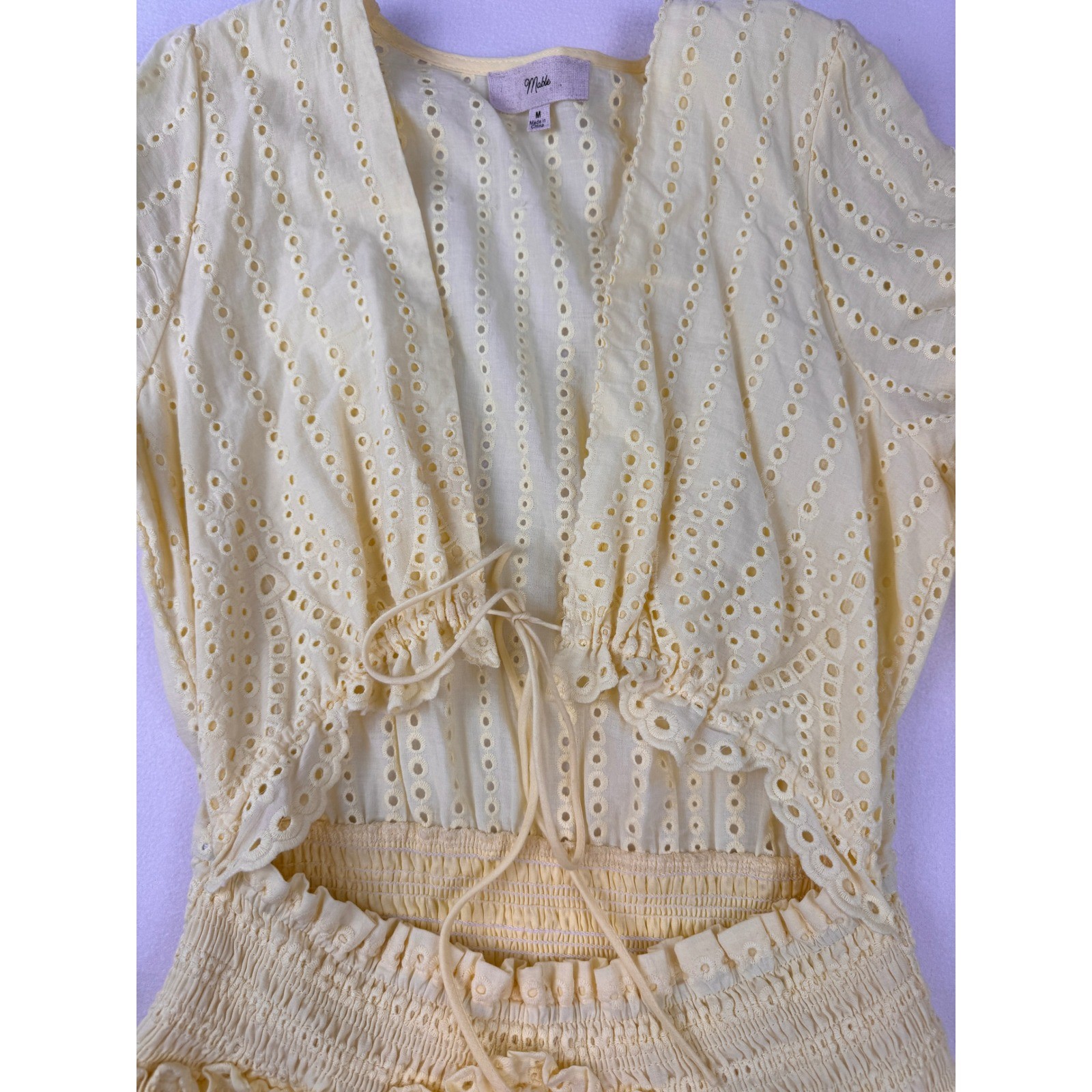 Mable Yellow Eyelet Cutout Mini Dress Women’s Medium Long Sleeve Cottagecore
