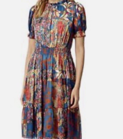 Stellah Women’s Blue Multicolor Floral Smocked Mock Neck Midi Dress L