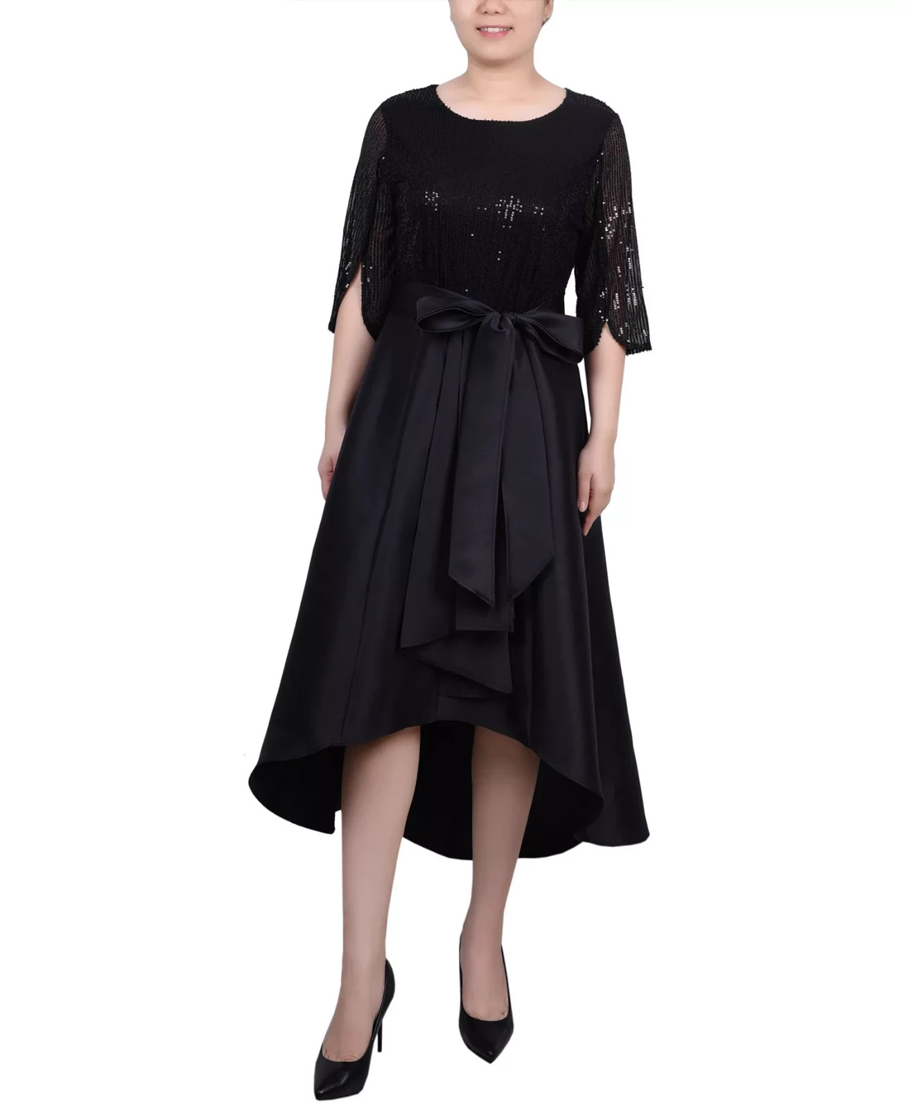 NY Collection Petite Sequin and Jacquard Hi-Low Holiday Dress Women’s PXL Black