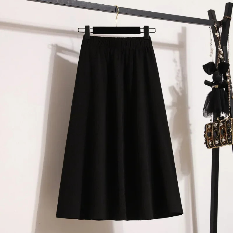 Elastic Waist High Waist Medium Skirt Slimming Solid Color Large Size Multifunct