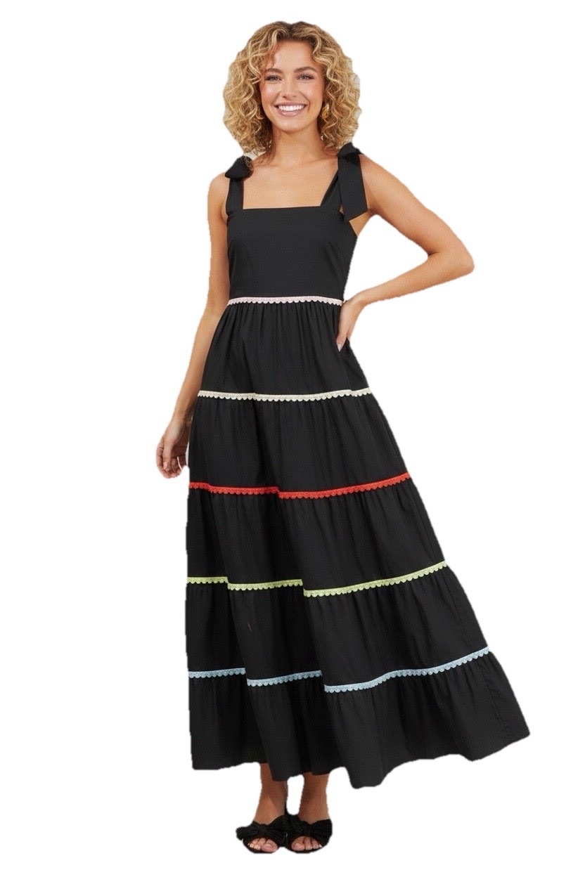 NWT Sugarlips Beauty Tiered Black Maxi Dress With Colorful Lace Trim Size Medium