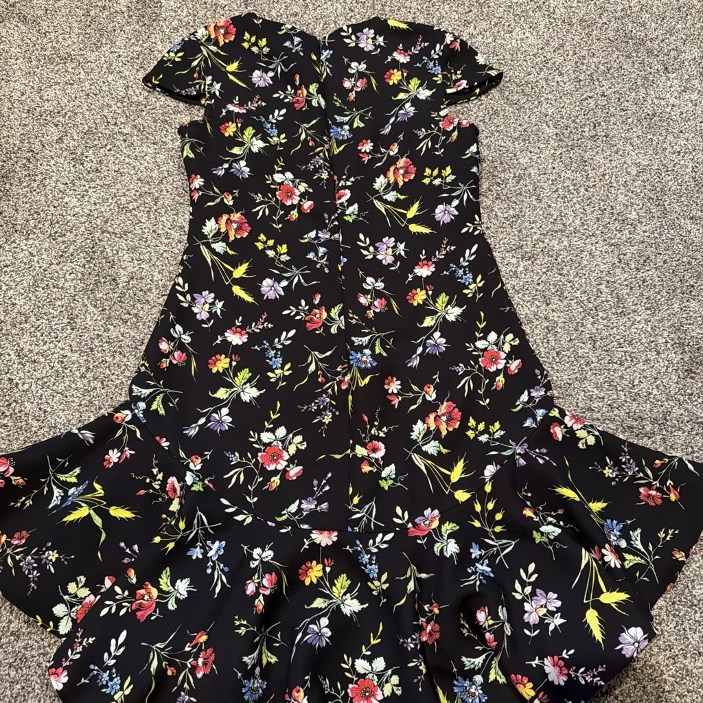 LIKELY Black Multicolor Floral V-Neck Cap Sleeve Fit & Flare Ruffle Dress 4