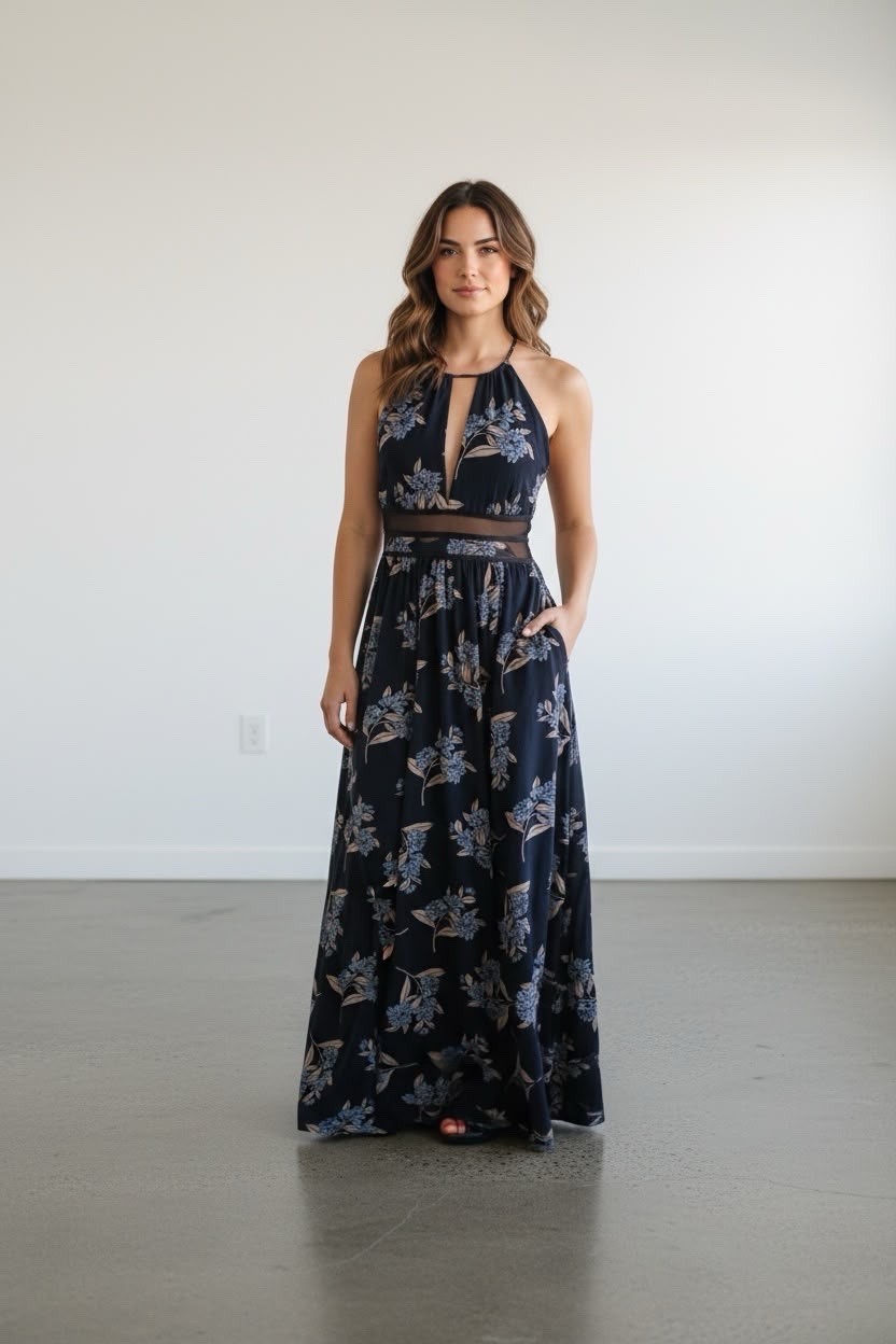 Express Women’s Floral Print Halter Neck Sleeveless Maxi Dress