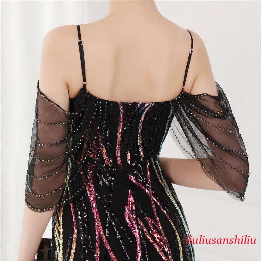 Women’s Wedding Elegant Beading Evening Green Sequin Strap Maxi Long Prom Dress