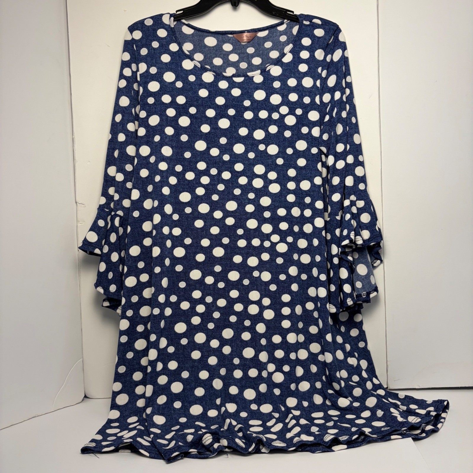 SJS Blue White Polka Dot Ruffle Bell Sleeve Shift Dress Large