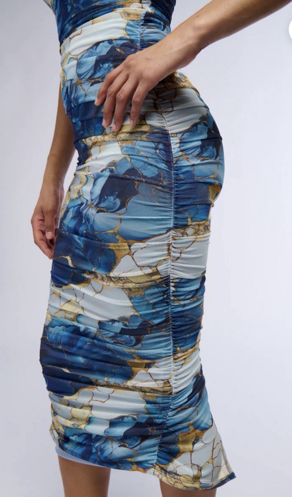 Akira Lorraine Marble Print Mesh Maxi Dress Blue Ruched Bodycon Sleeveless S M