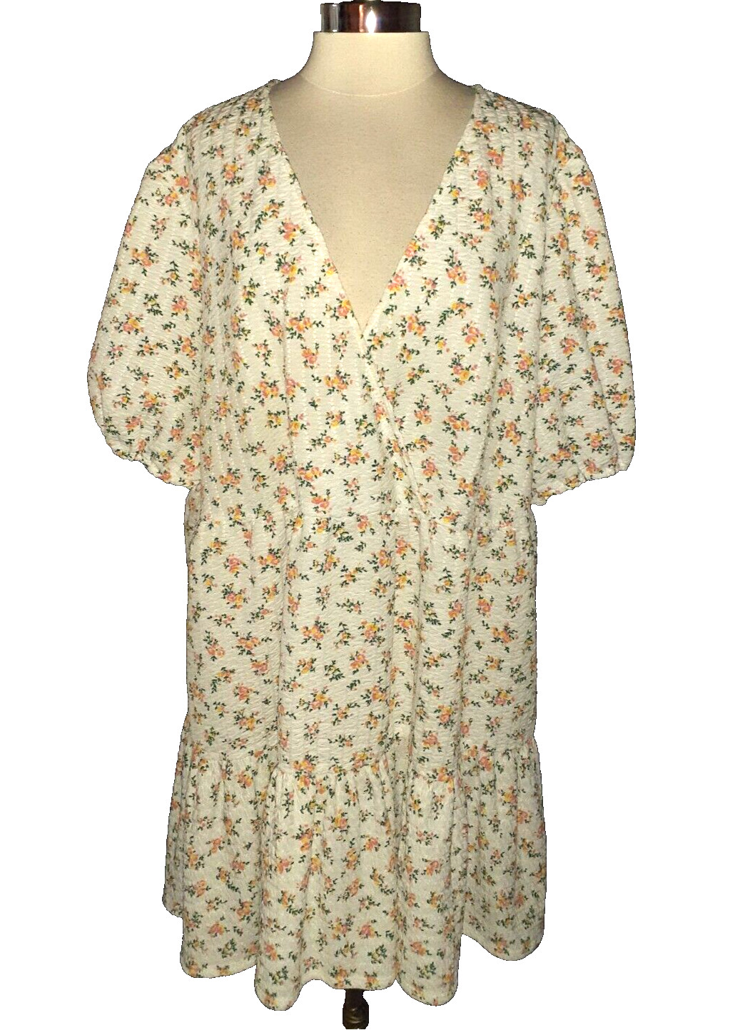 ASOS CURVE Plus Sz 22W Babydoll Dress White Pink Yellow Floral Textured Stretch