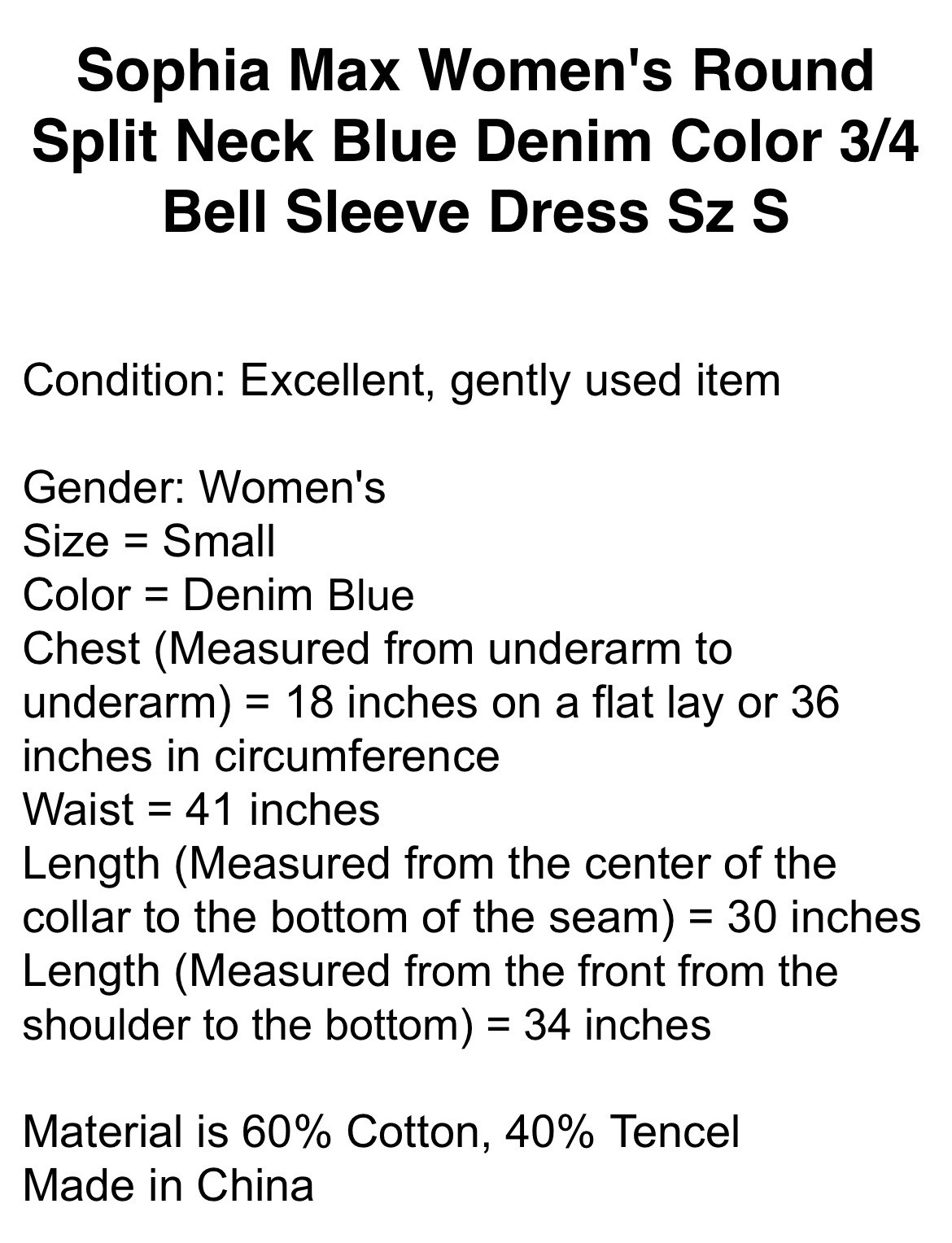 Sophia Max Women’s Round Split Neck Blue Denim Color 3/4 Bell Sleeve Dress Sz S