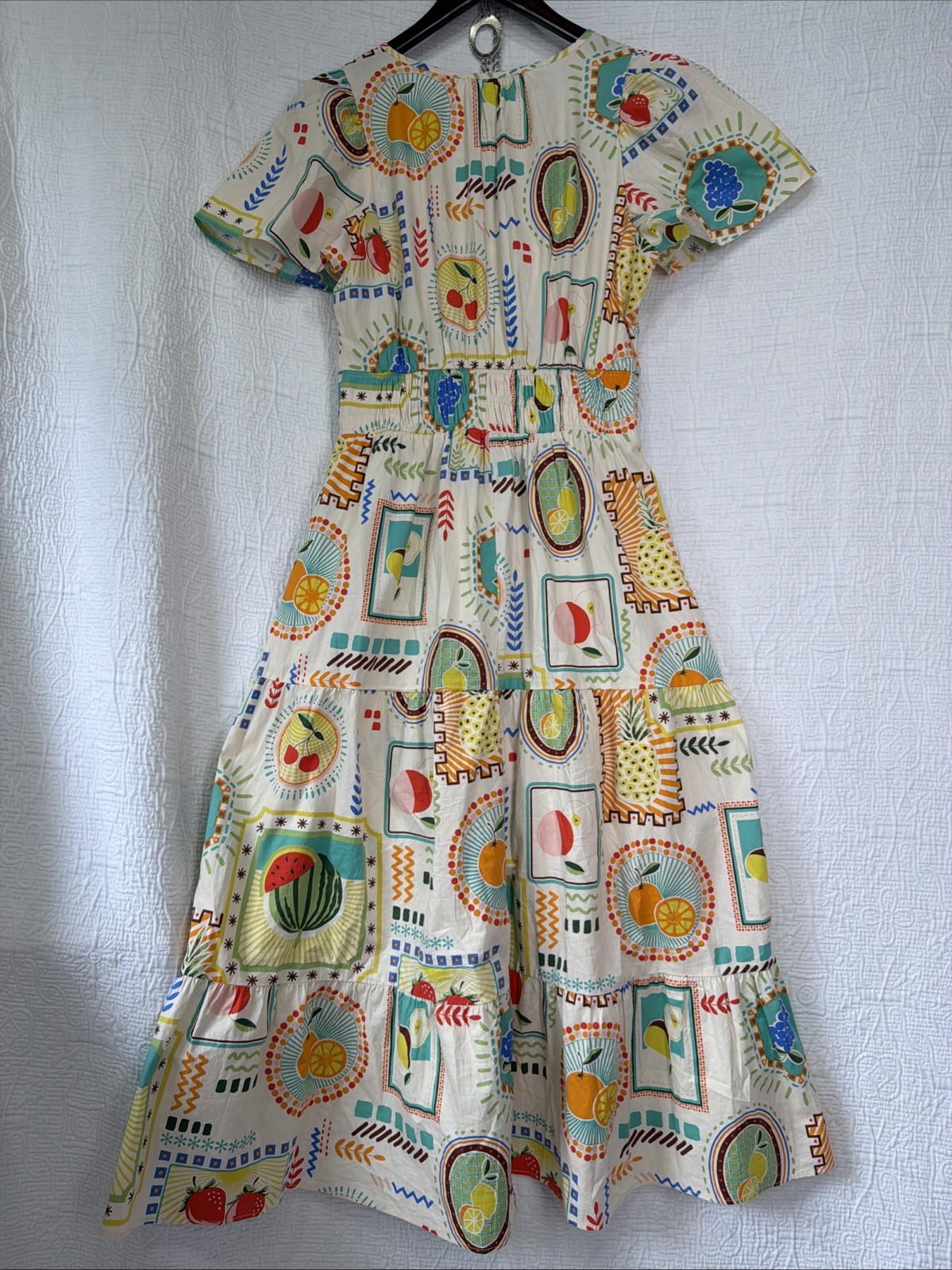 Easel Fruit Print Cotton Tiered Midi Dress Small Short Sleeve Garden Cottagecore