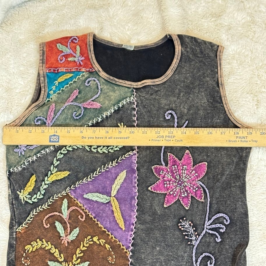 Boho Patchwork Floral Embroidered Mineral Wash Sleeveless Tunic Dress Brown Grey