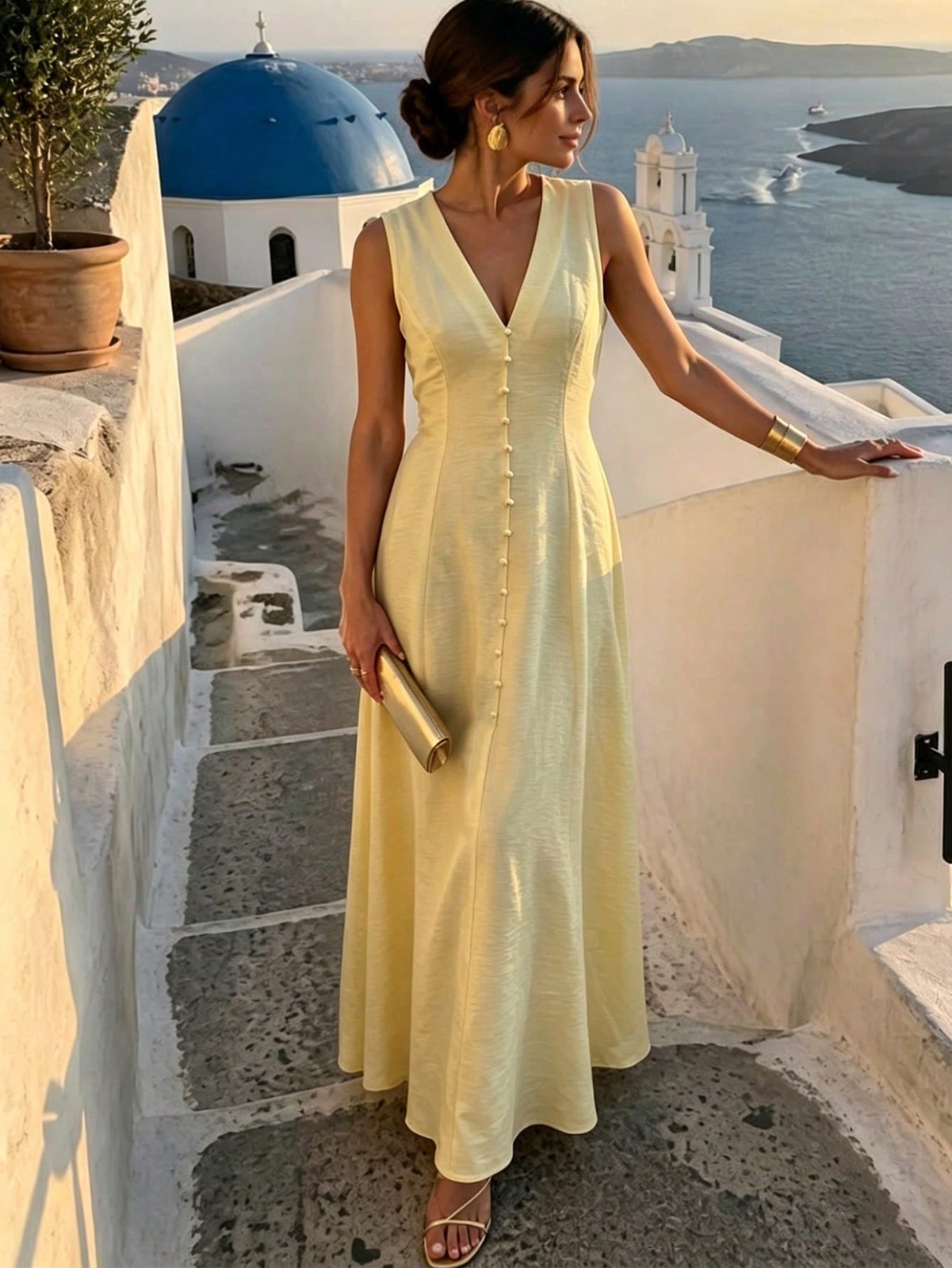 Elegant Ladies Pale Yellow V Neck Maxi Dress