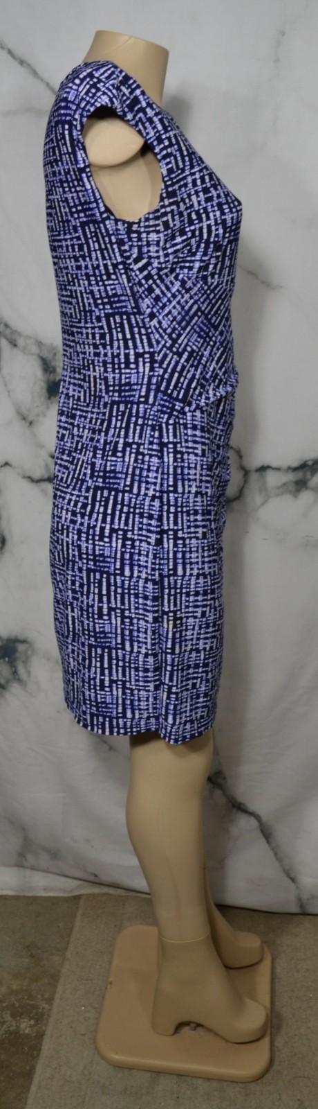 CHAPS Black Blue White Patterned Dress Large Slight Cap Sleeve Twist Waist