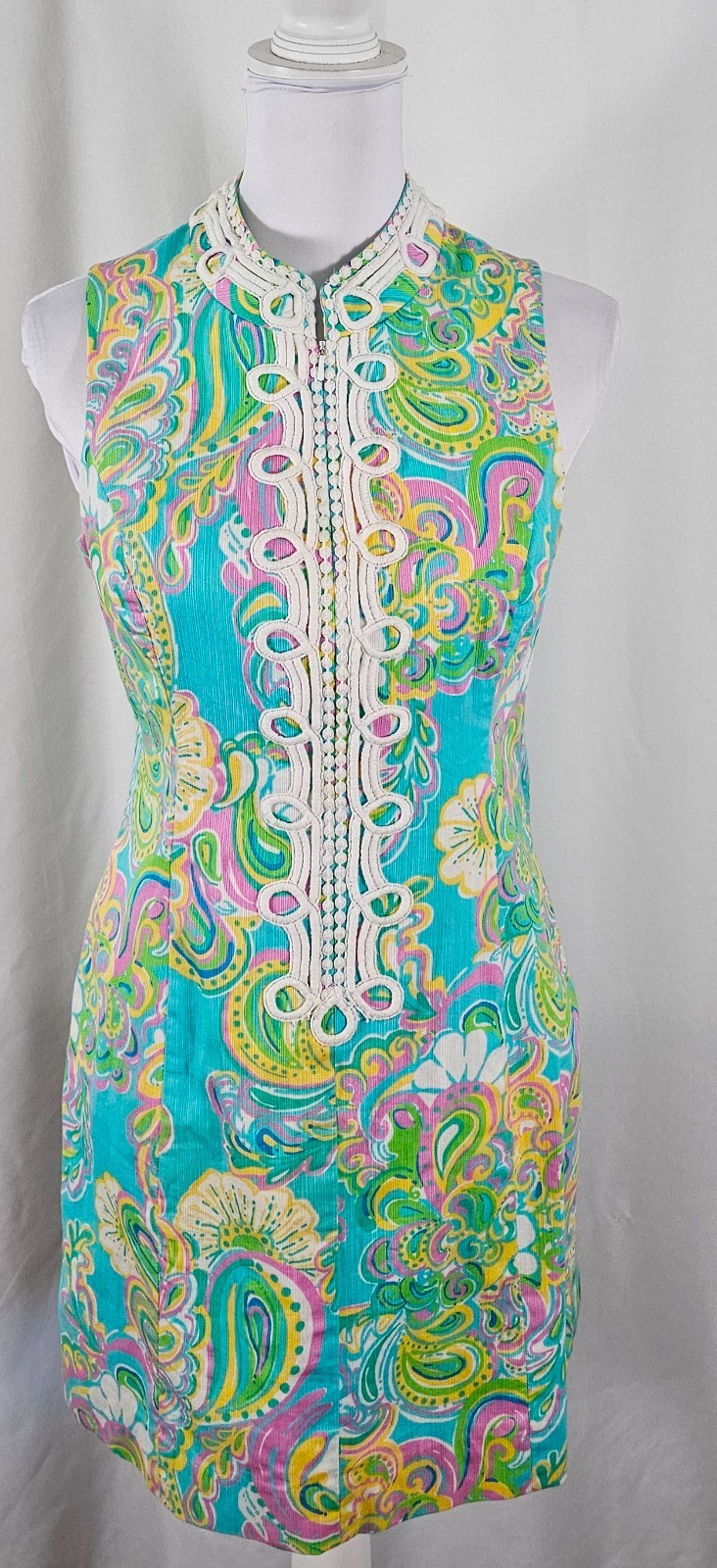 Lilly Pulitzer Womens Lined Dress Yellow Blue Pink White Sleeveless Cotton 6
