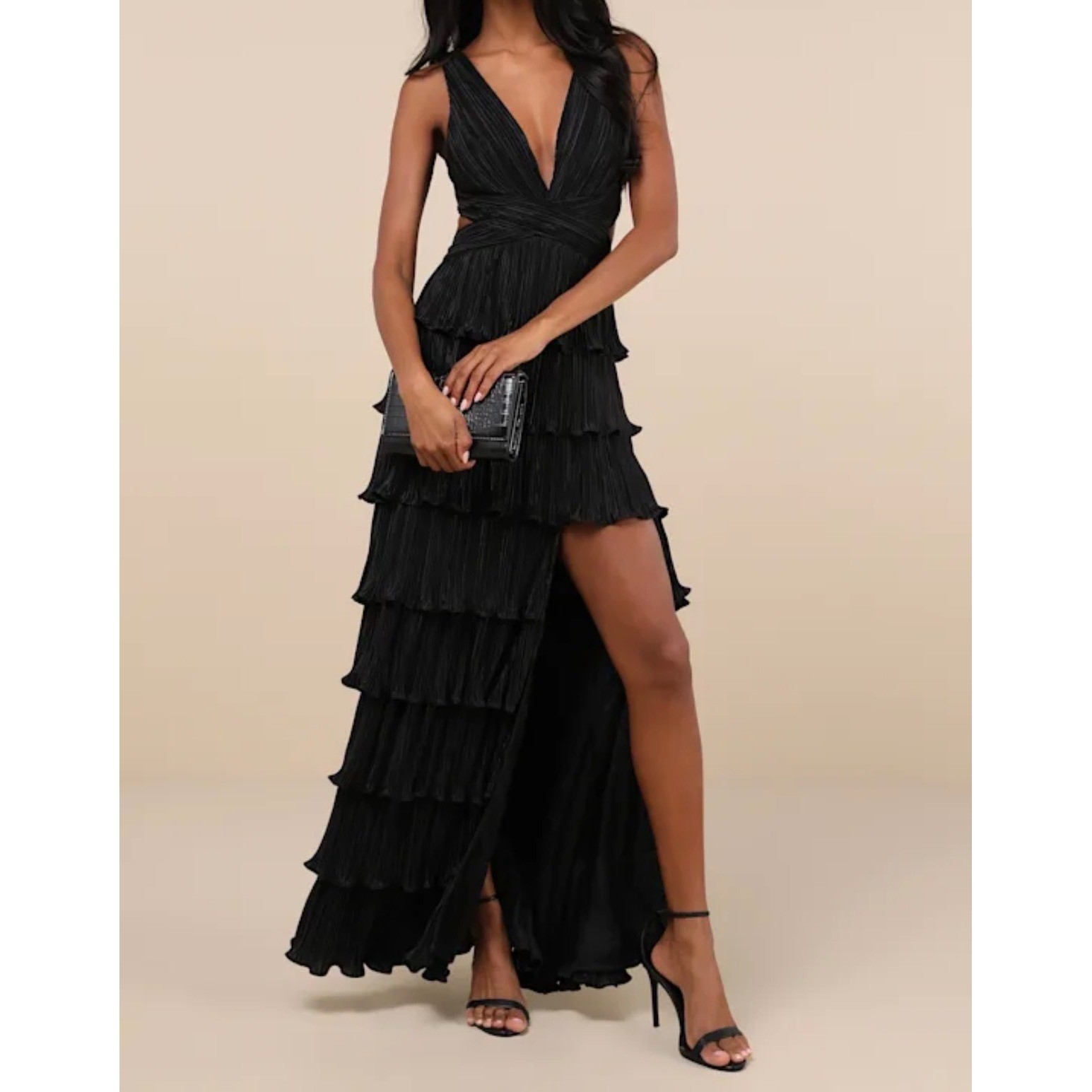 Lulus Black Pleated Tiered Maxi Dress Lace Up Back Deep V-Neck Formal Gown M NEW