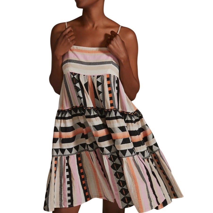 Devotion Twins Square Neck Mini Dress Greek Boho Geometric Tiered Sundress SZ M