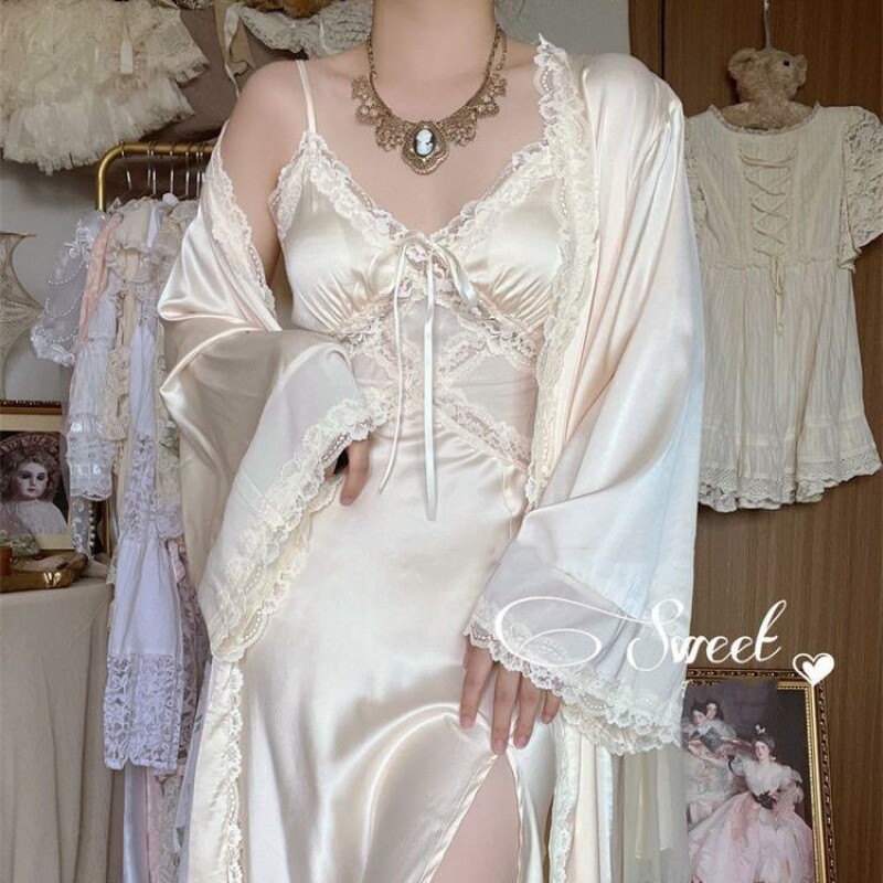 Women’s French Retro Silk Smooth Skincare Nightgown Home Clothes Morning Robe