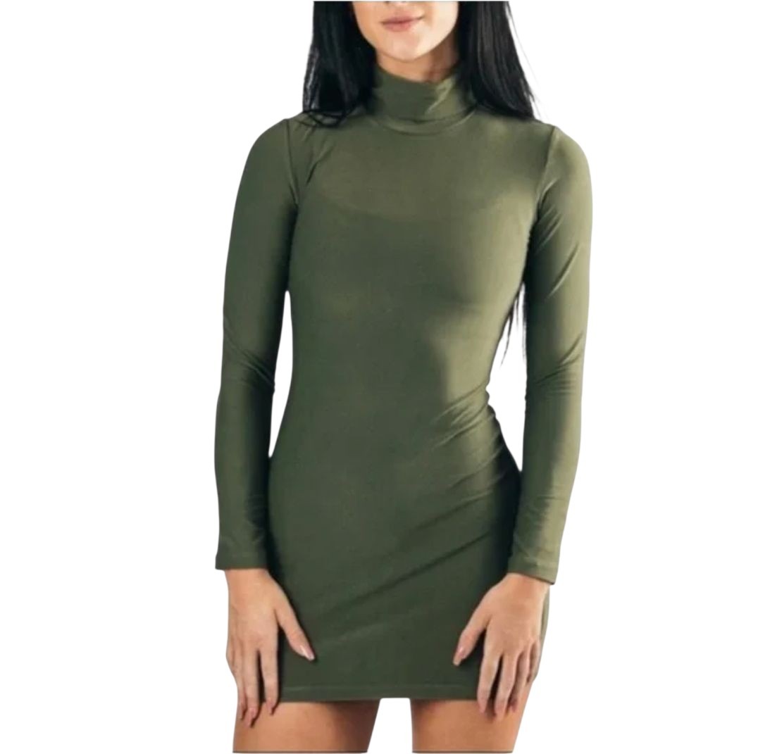 Alphalete Turtleneck Bodycon Mini Dress Olive Green Longsleeve Tight Sz S NWT