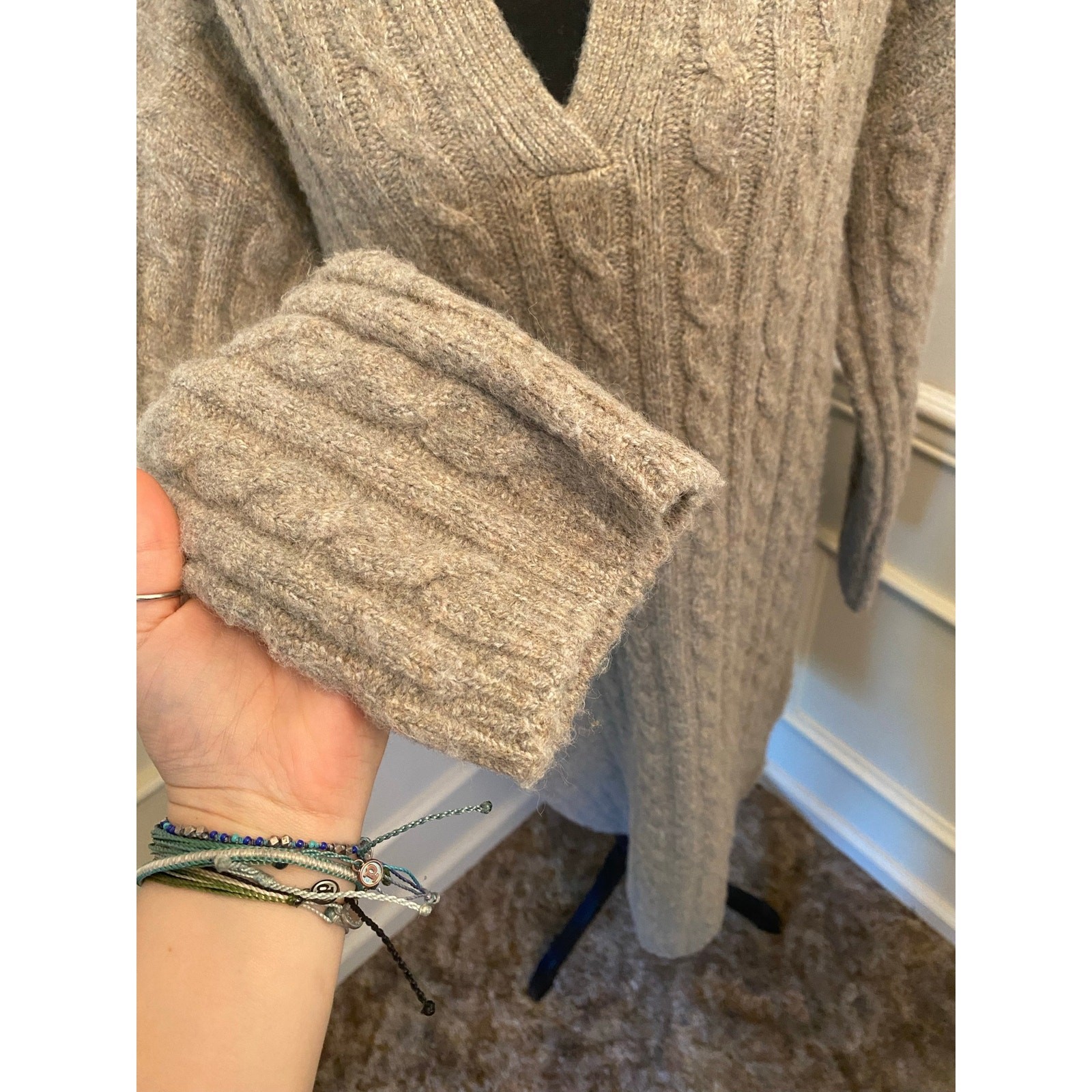 Magaschoni Cable Knit Polo Fold Over Collar Sweater Dress V Neck Quiet Luxury