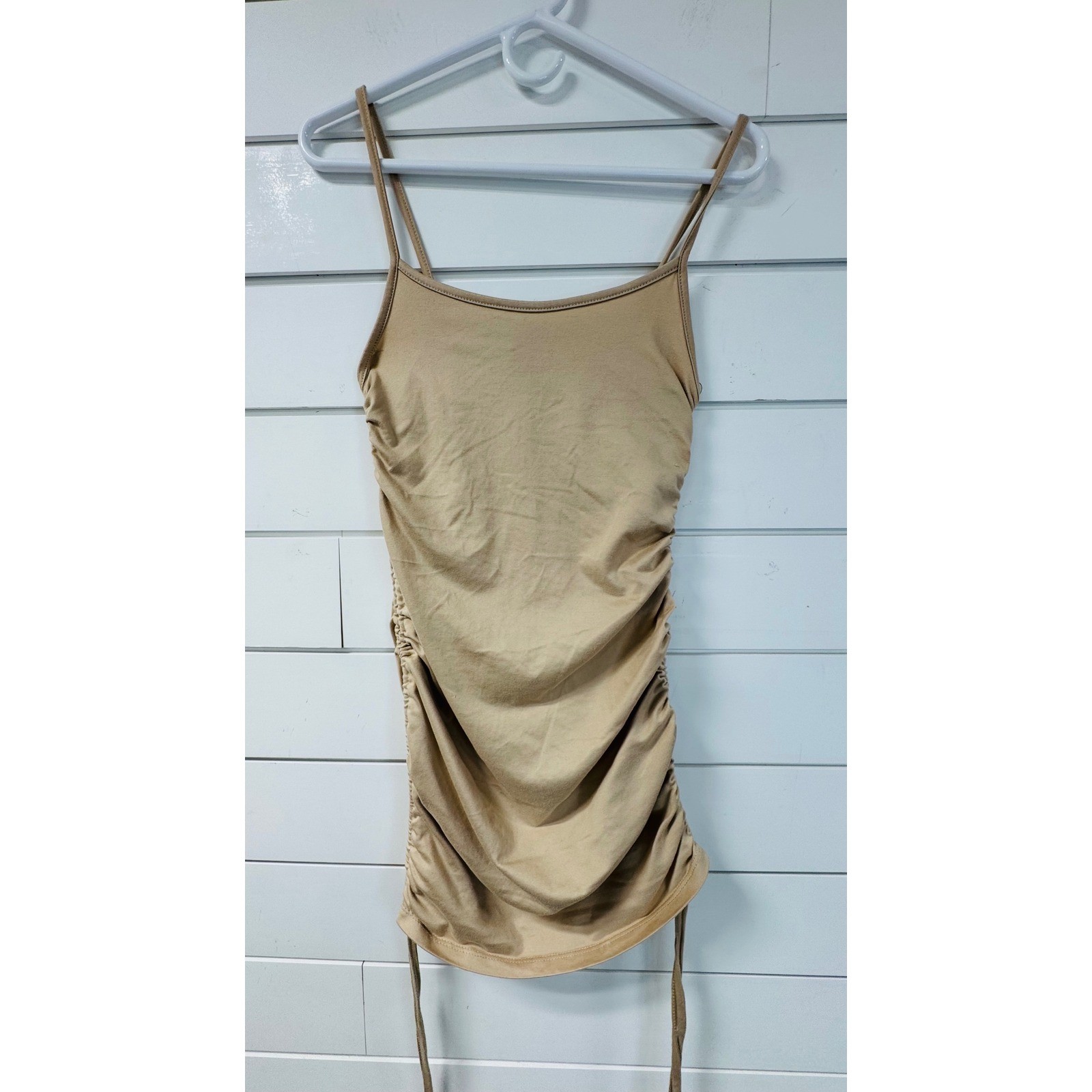 Tan Ruched Bodycon Mini Dress Womens Medium Spaghetti Strap Beige Stretch