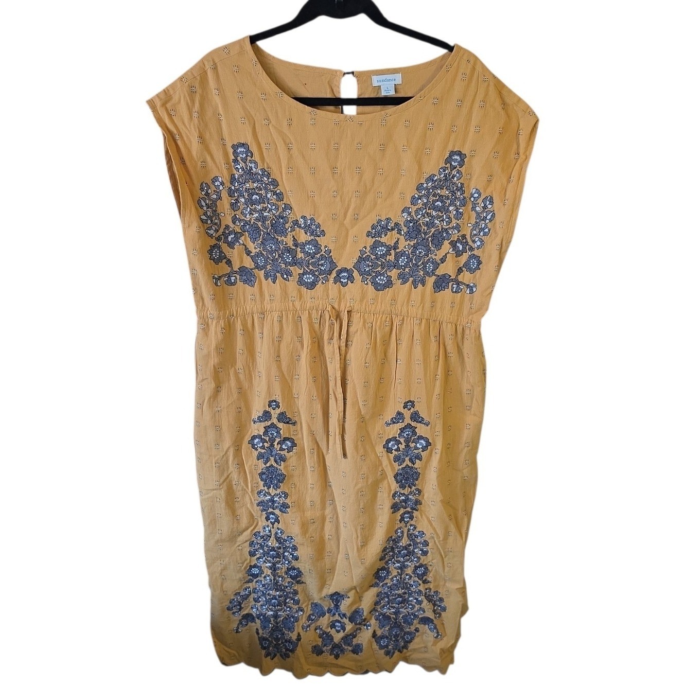 SUNDANCE | Mustard Grey Embroidered Sequin Lined Boho Scalloped Pocket Dress | L