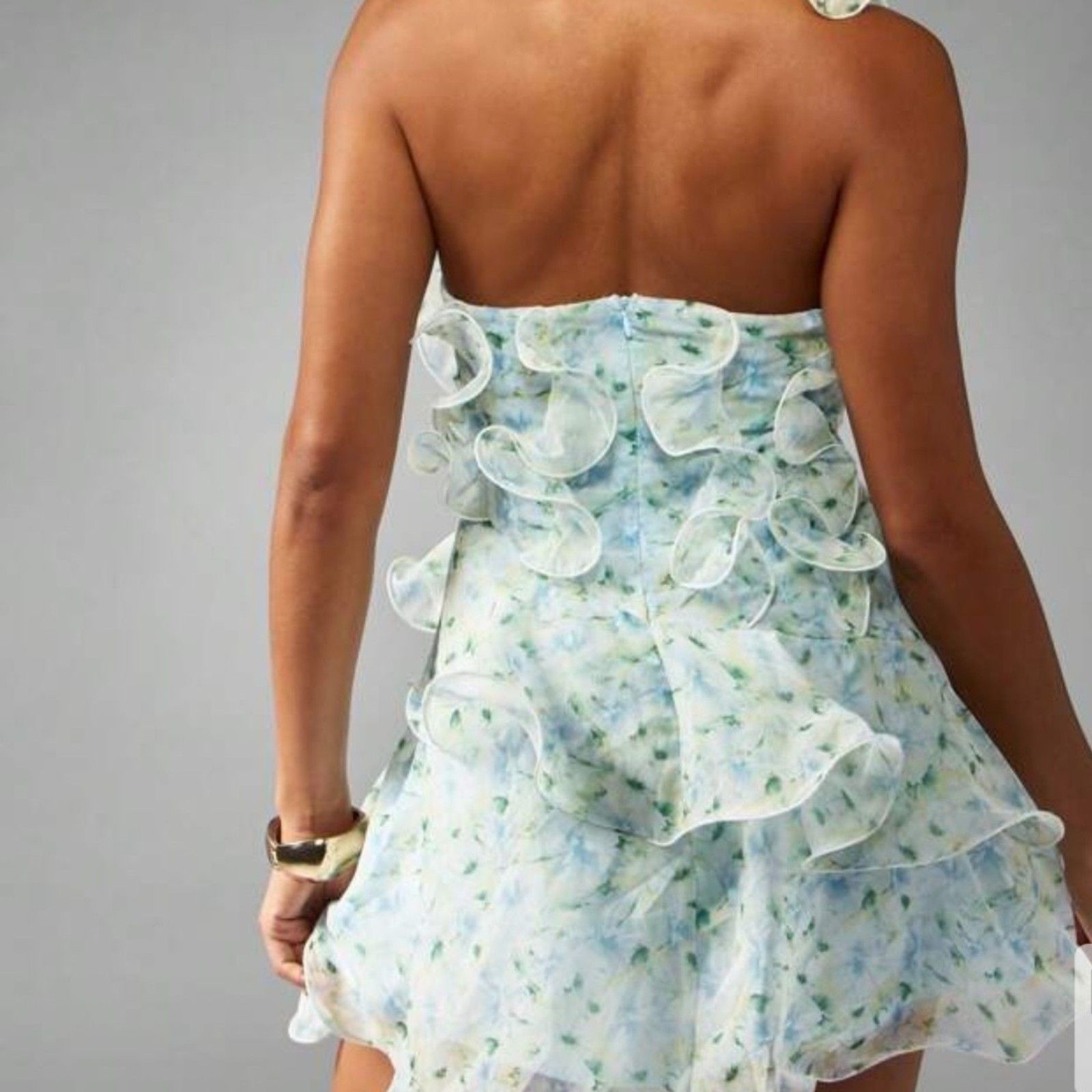 SHEIN NWOT Mint Green Floral Ruffle Mini Dress XS Sleeveless Tiered Organza