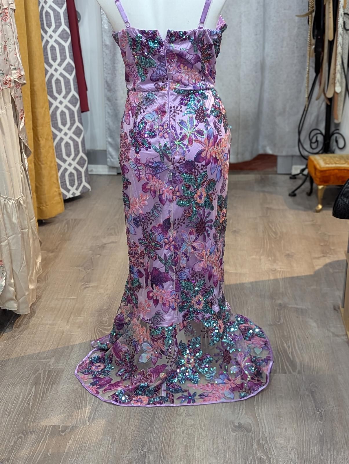 Embroidered Sequin Mesh Ruffle Slit Midi Dress